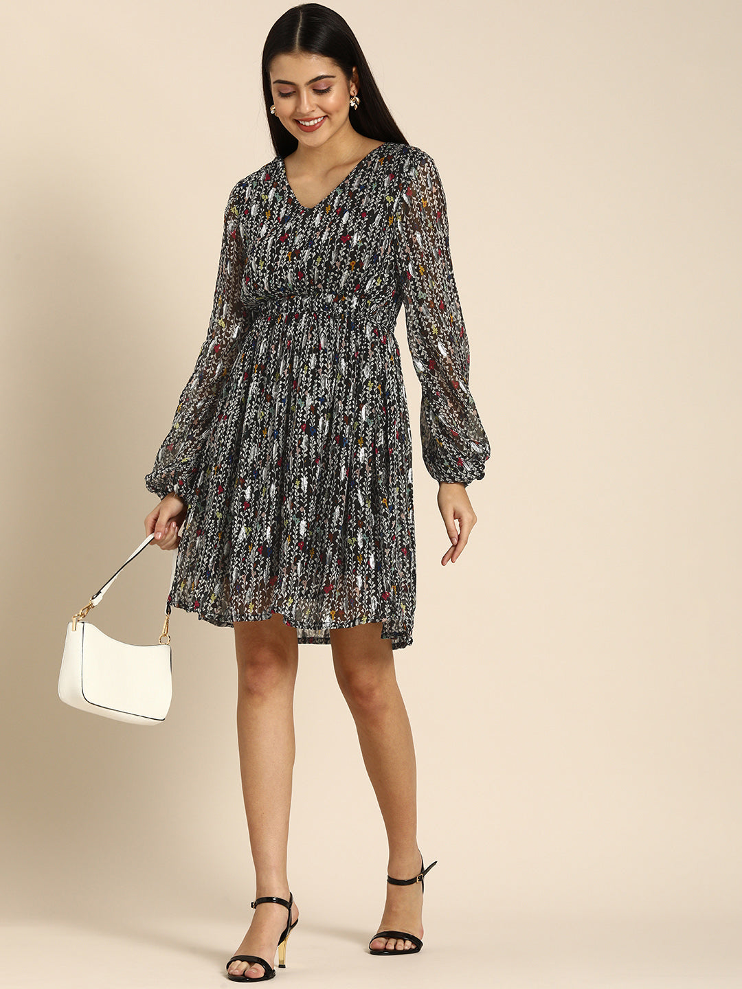 Black Floral Pleated Georgette Mini Dress with Sheer Sleeves