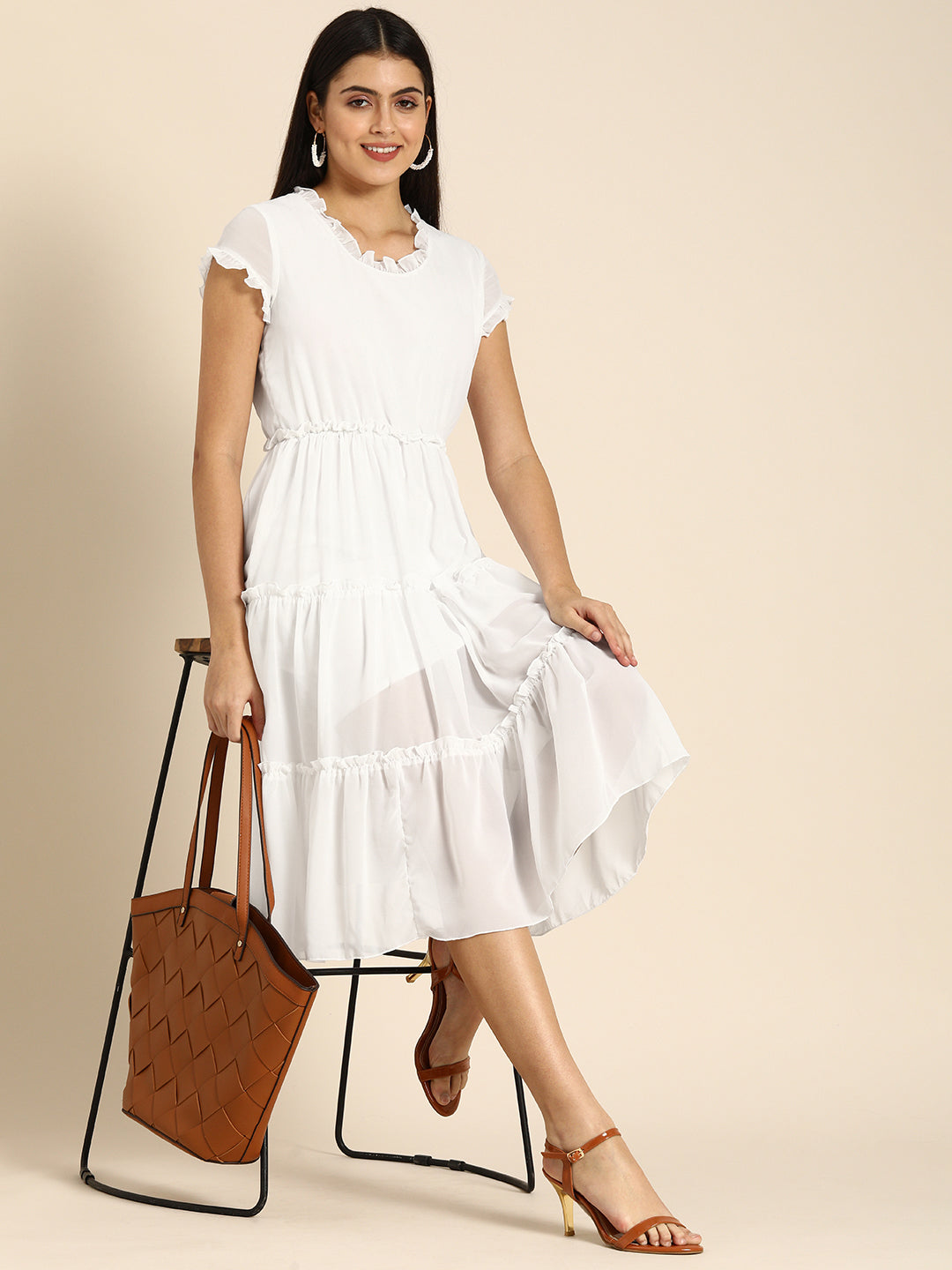 White Ruffle Detail Tiered Midi Dress with Cap Sleeves