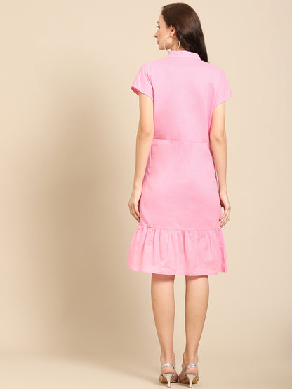 Elegant Pink Casual Midi Dress with Ruffle Hem for Women