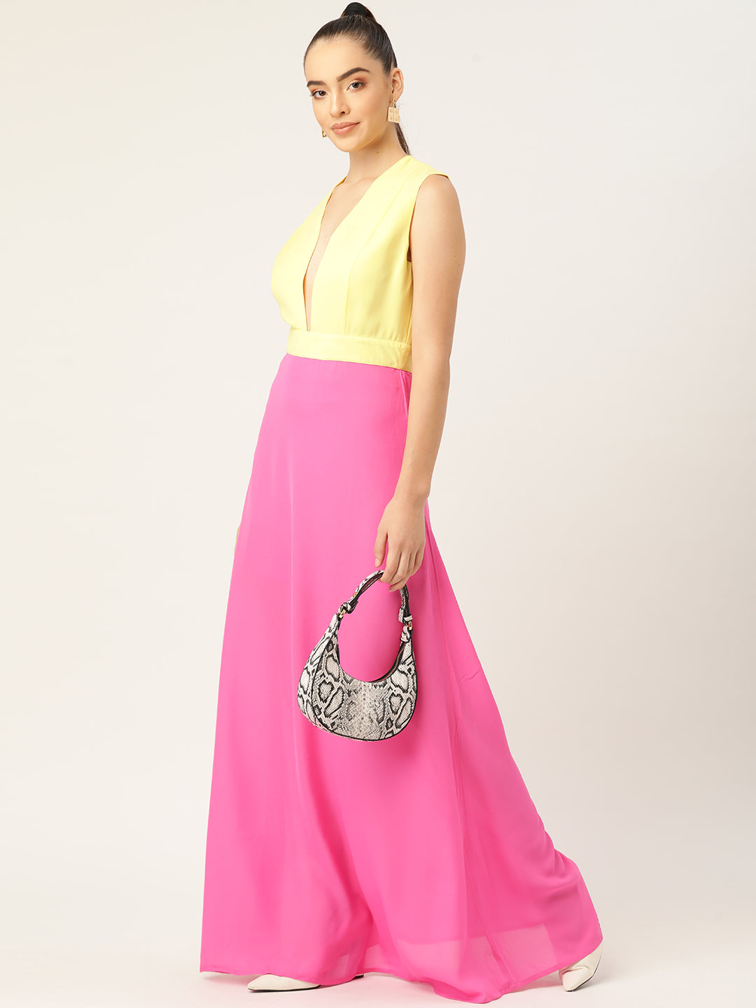Yellow and Pink Colorblock Sleeveless Maxi Dress for Women