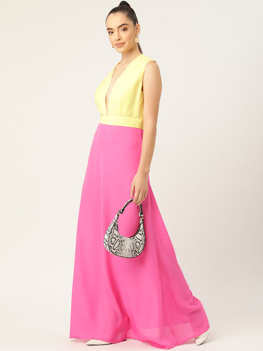 Yellow and Pink Colorblock Sleeveless Maxi Dress for Women