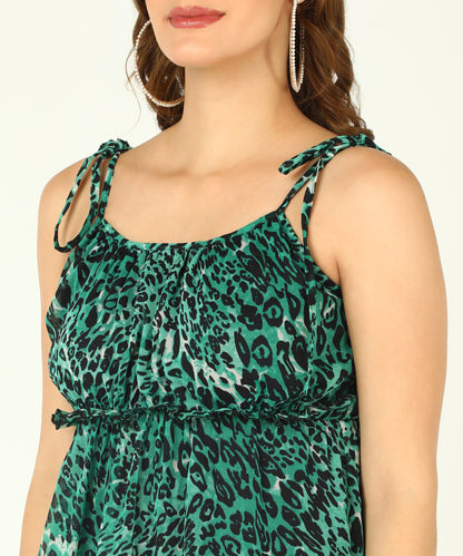 Green Leopard Print Tiered Mini Dress for Women with Sleeveless Design