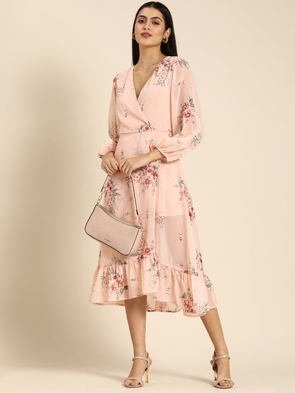 Elegant Peach Floral Midi Dress with Ruffle Hem & Puff Sleeves Romantic Daywear