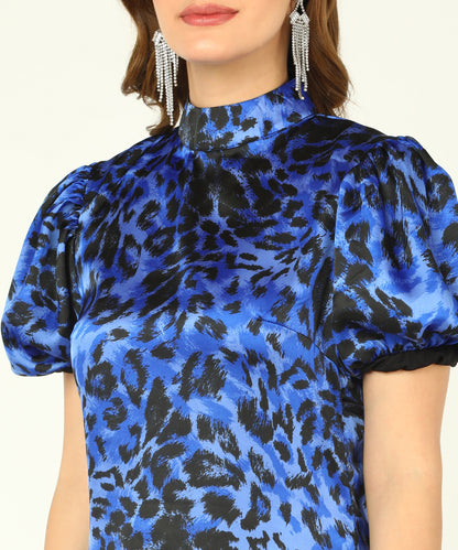 Blue Leopard Print High Neck Mini Dress with Puff Sleeves for Women