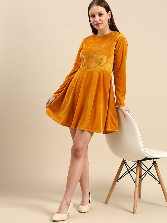 Golden Velvet Skater Dress - Long Sleeve, Soft & Stylish