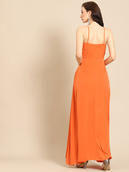 Stylish Orange Sleeveless V-Neck Maxi Dress for Women