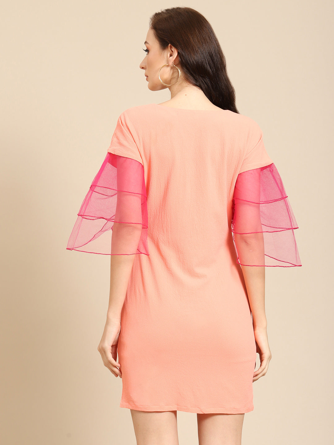 Peach Mini Dress with Pink Organza Ruffle Sleeves – Elegant & Trendy Casual Wear for Women