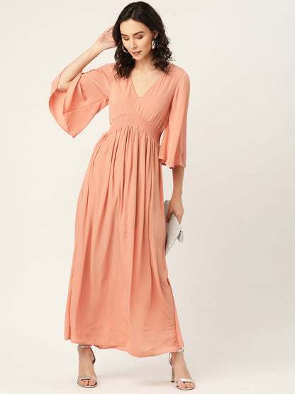 Peach V-Neck Maxi Dress with Flowy Sleeves for Women