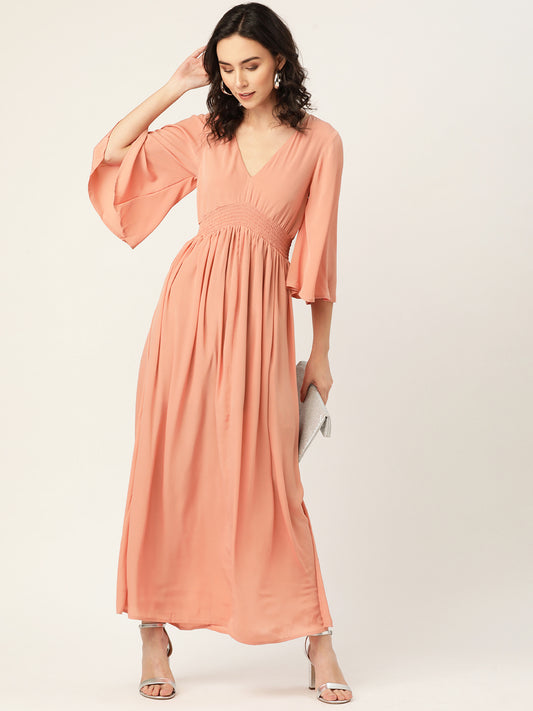Peach V-Neck Maxi Dress with Flowy Sleeves for Women