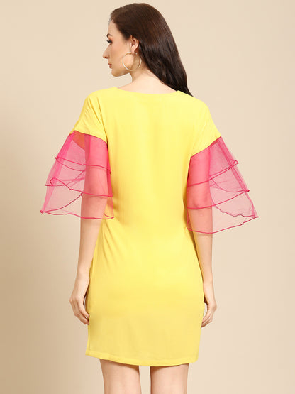 Stylish Yellow Dress with Sheer Pink Ruffle Sleeves – Trendy Summer Wear for Women