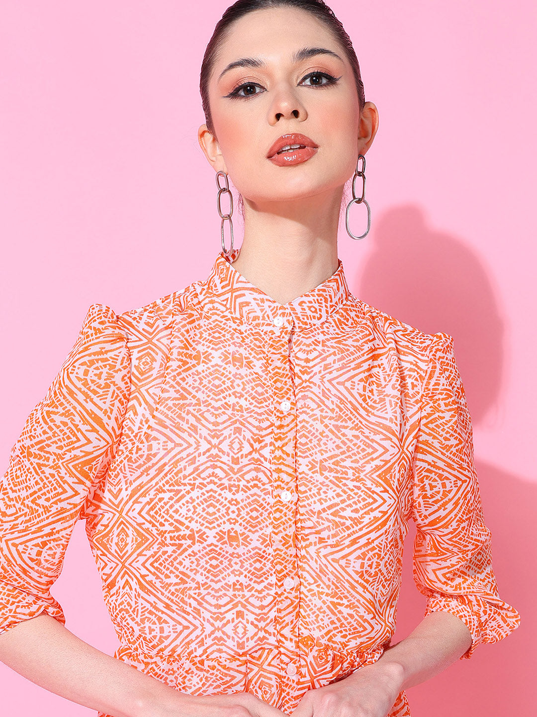 Stylish Orange Printed Playsuit for Women with 3/4 Sleeves | Summer Casual Outfit
