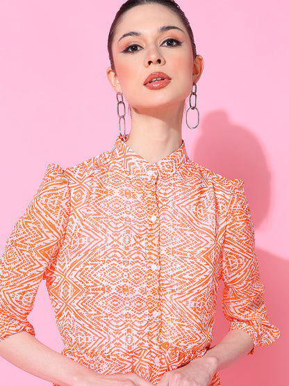 Stylish Orange Printed Playsuit for Women with 3/4 Sleeves | Summer Casual Outfit