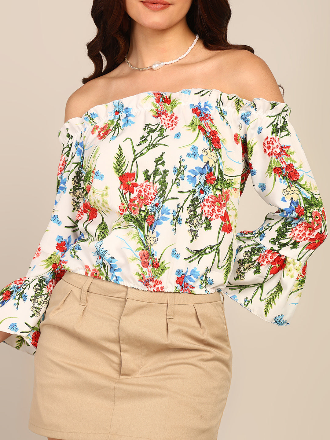 White Floral Off Shoulder Top for Women with Bell Sleeves