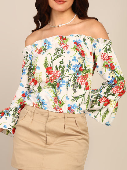White Floral Off Shoulder Top for Women with Bell Sleeves