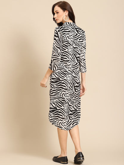 Women’s Black & White Zebra Print Shirt Dress – Button Down Midi Dress