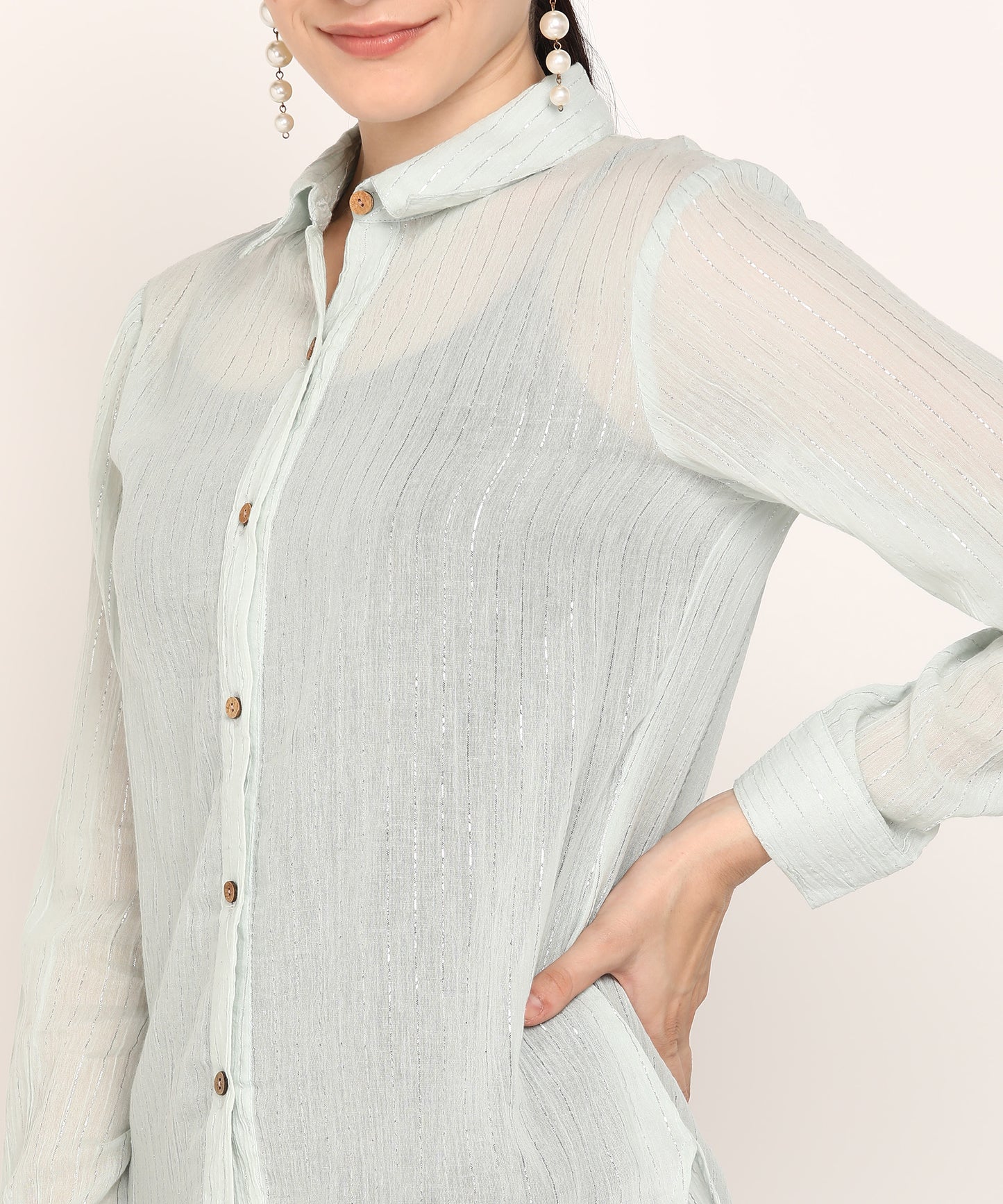 Women's White Sheer Stripe Shirt with Wooden Buttons
