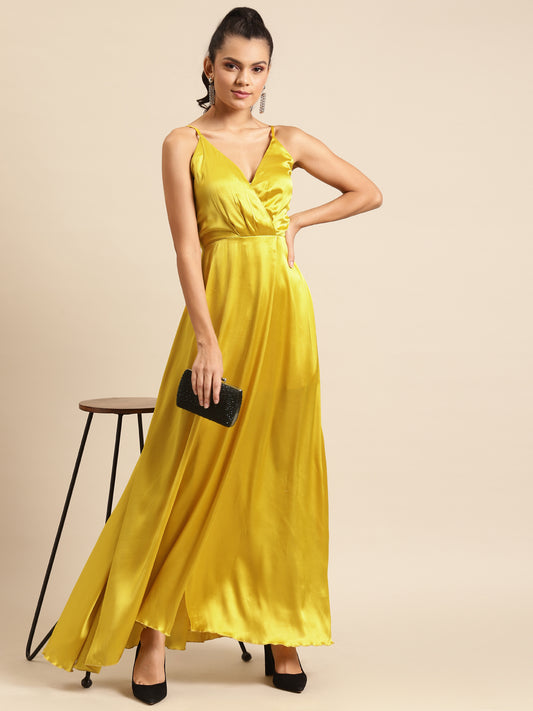 Yellow Satin Wrap Maxi Dress for Women | Elegant Slit Gown for Parties