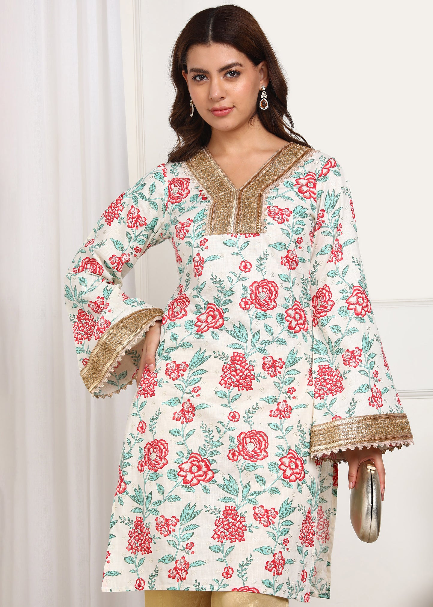 Floral Printed White Kurta with Golden Detailing | Ethnic Wear for Women
