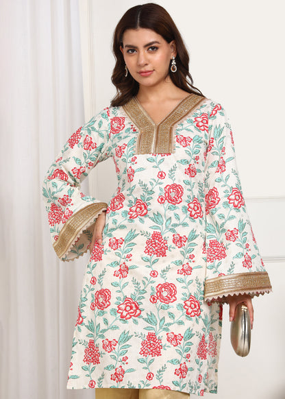 Floral Printed White Kurta with Golden Detailing | Ethnic Wear for Women