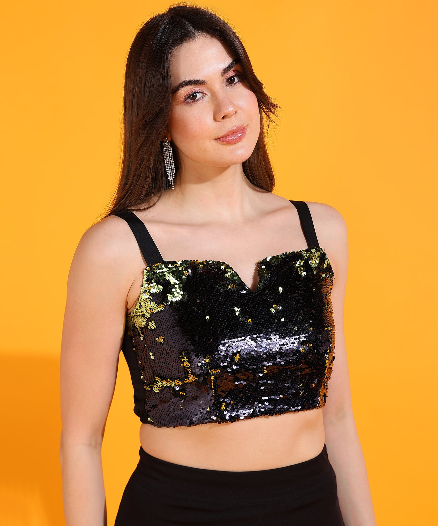 Black Sequin Sleeveless Crop Top for Women – Party Wear