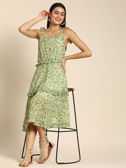 Green Floral Sleeveless Midi Dress with Tie-Up Straps-Casual Summer Wear