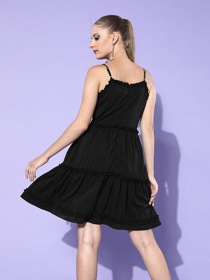 Black Tiered Ruffle Dress Sleeveless V-Neck Flowy Mini for Effortless Glam