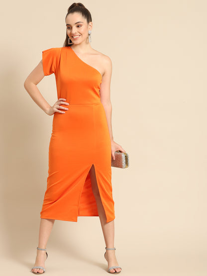 Bold Orange One-Shoulder Midi Dress for Women – Elegant Slit Bodycon for Parties & Events