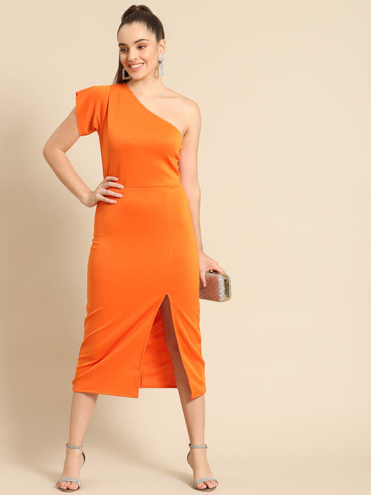 Bold Orange One-Shoulder Midi Dress for Women – Elegant Slit Bodycon for Parties & Events