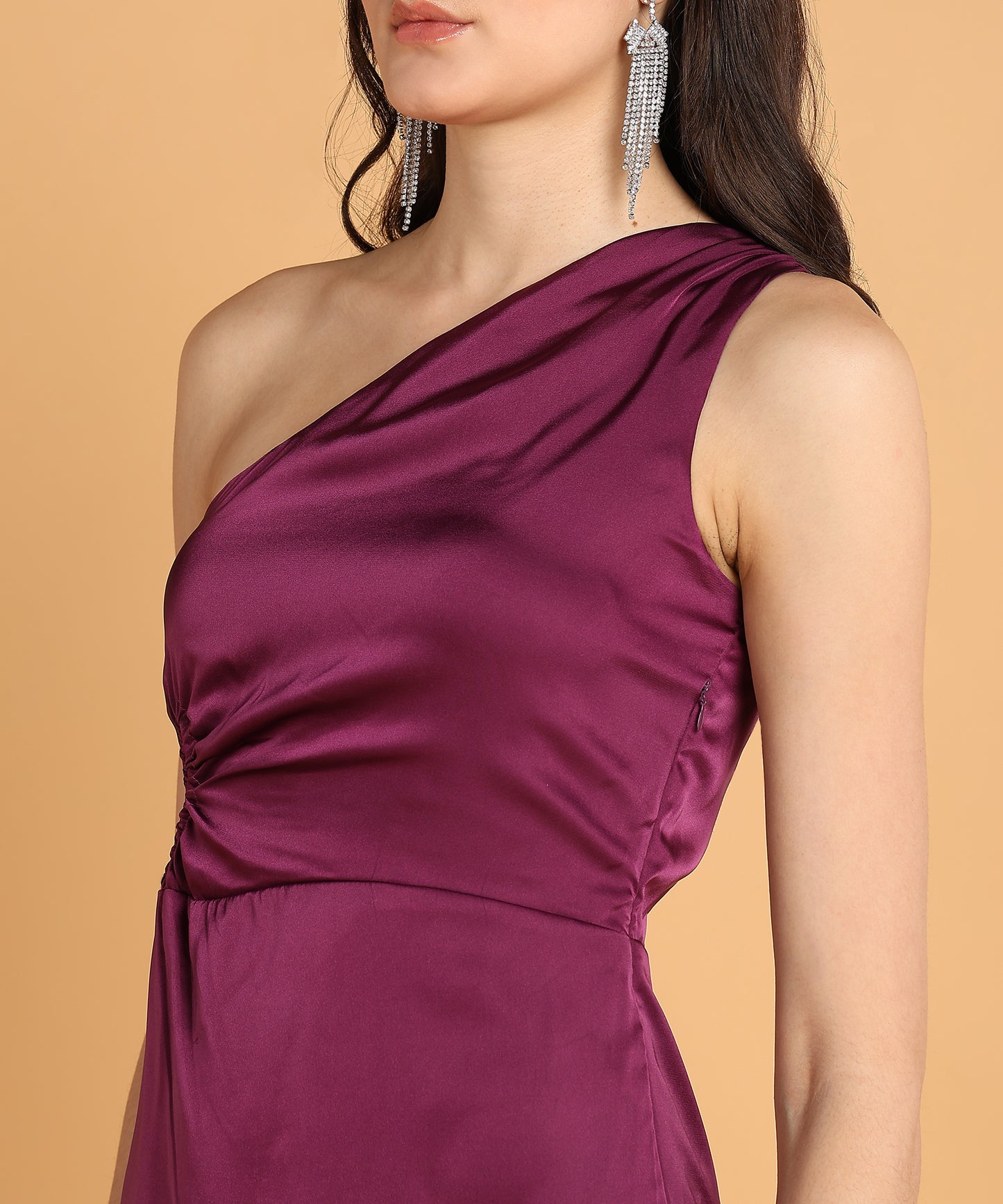 Wine One-Shoulder Satin Bodycon Midi Dress for Women