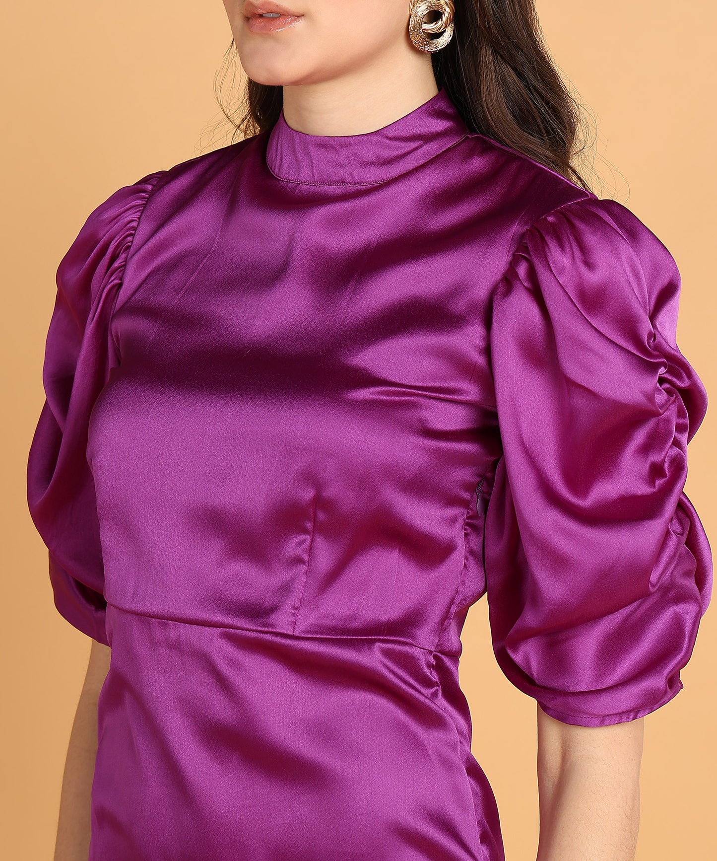Purple Satin Mini Dress with Puff Sleeves and High Neck for Women