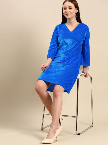 Royal Blue Velvet Dress - V-Neck, Bell Sleeves, Knee Length
