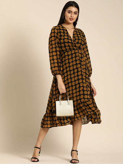 Brown Polka Dot Wrap Dress with Ruffle Hem