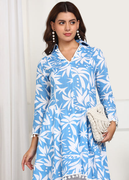Blue White Printed Asymmetric Kurta for Women | Casual Ethnic Wear