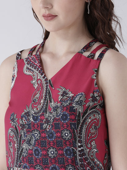 Women's Pink Paisley Print Sleeveless V-Neck Midi Dress