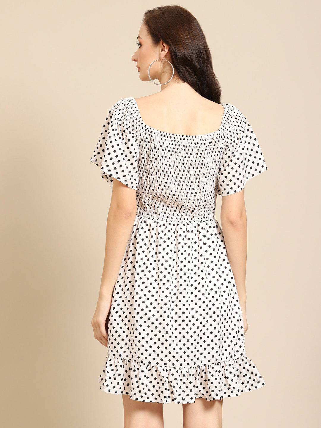 Chic Polka Dot Short Dress for Women | Ruffle Hem Smocked Fit & Flare Dress