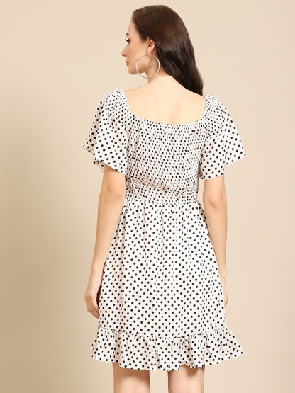 Chic Polka Dot Short Dress for Women | Ruffle Hem Smocked Fit & Flare Dress