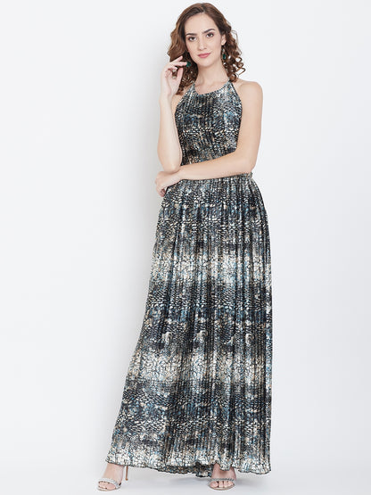 Shimmer Pleated Halter Neck Maxi Dress for Evening Glam
