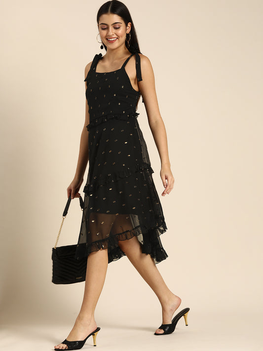 Black Sleeveless Midi Dress with Golden Foil Print and Tie-Up Straps