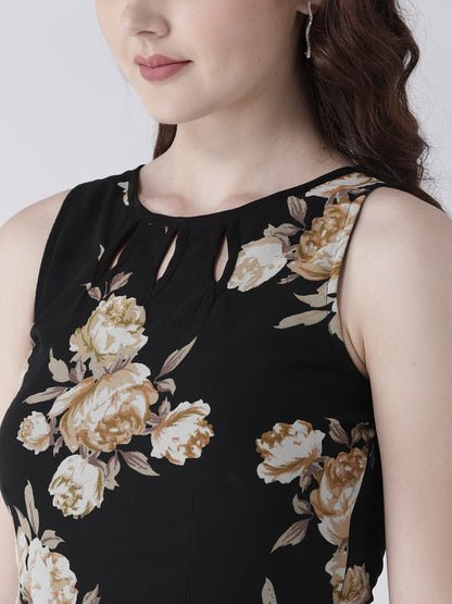 Women's Black Floral Print Sleeveless Flared Maxi Dress with Gold Border