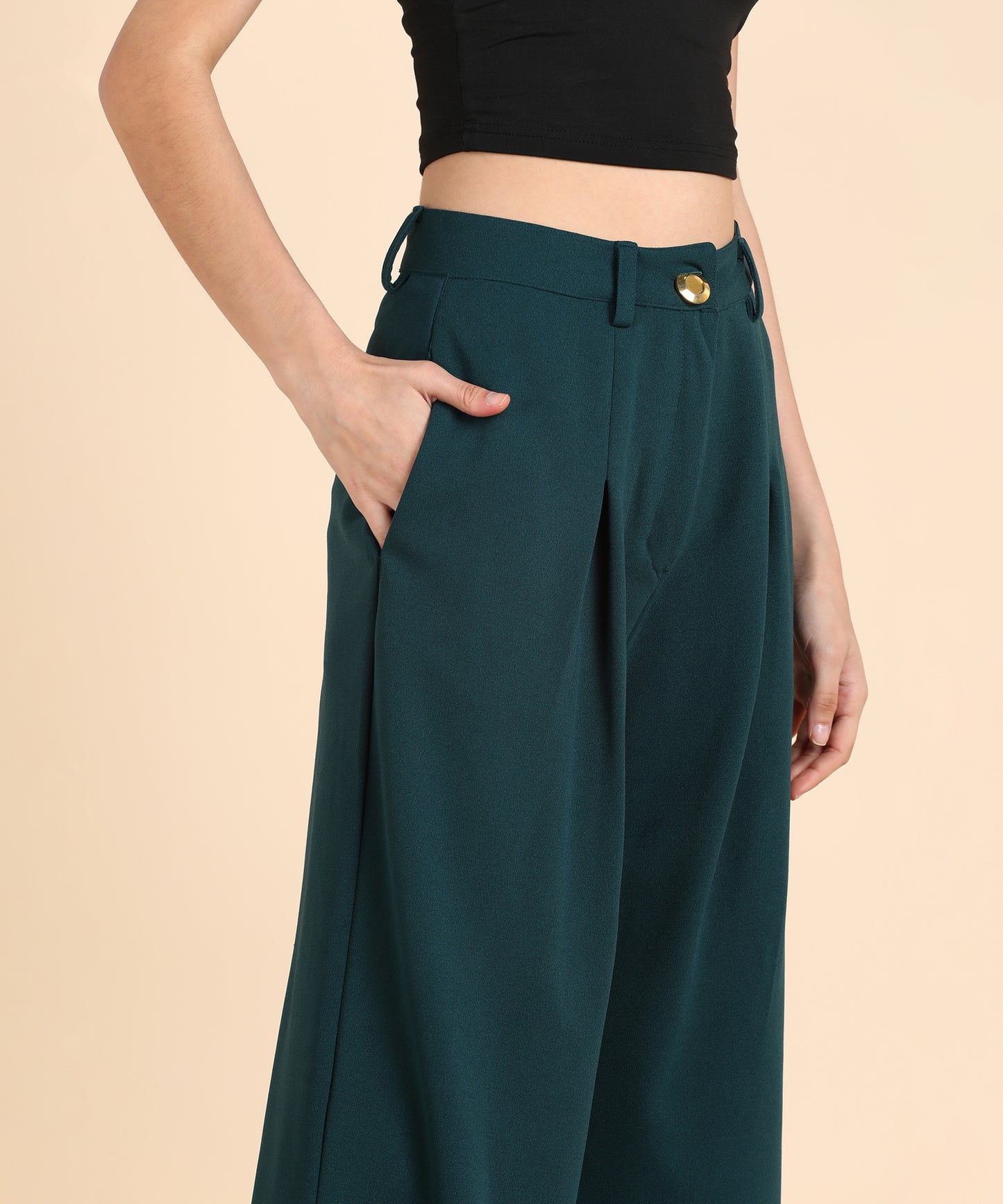 Women's Dark Black High-Waist Wide Leg Trousers – Elegant Pleated Palazzo Pants with Pockets
