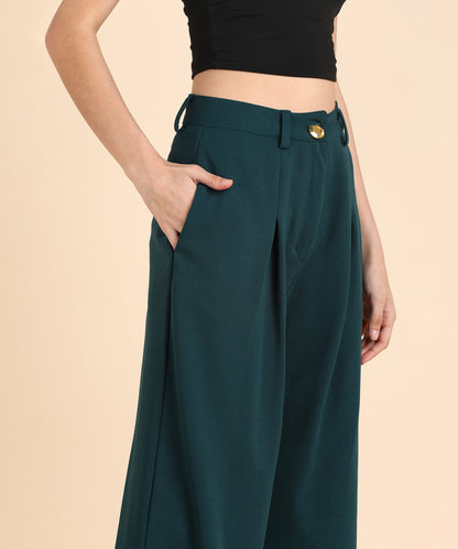 Women's Dark Black High-Waist Wide Leg Trousers – Elegant Pleated Palazzo Pants with Pockets