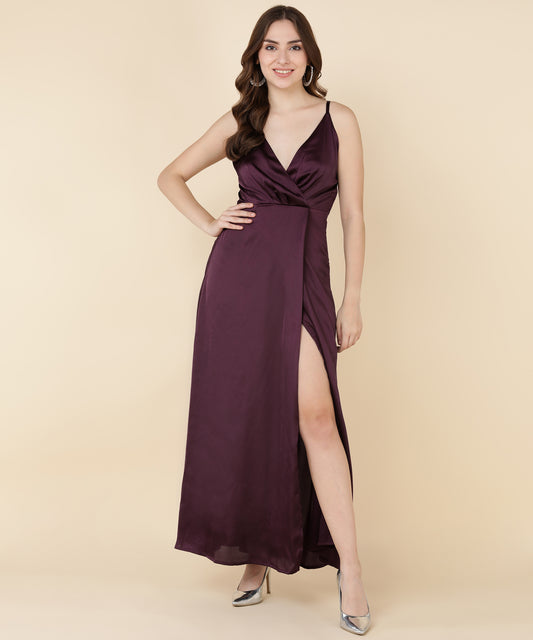 Glam Maroon Satin Wrap Gown Dress for Evening Party