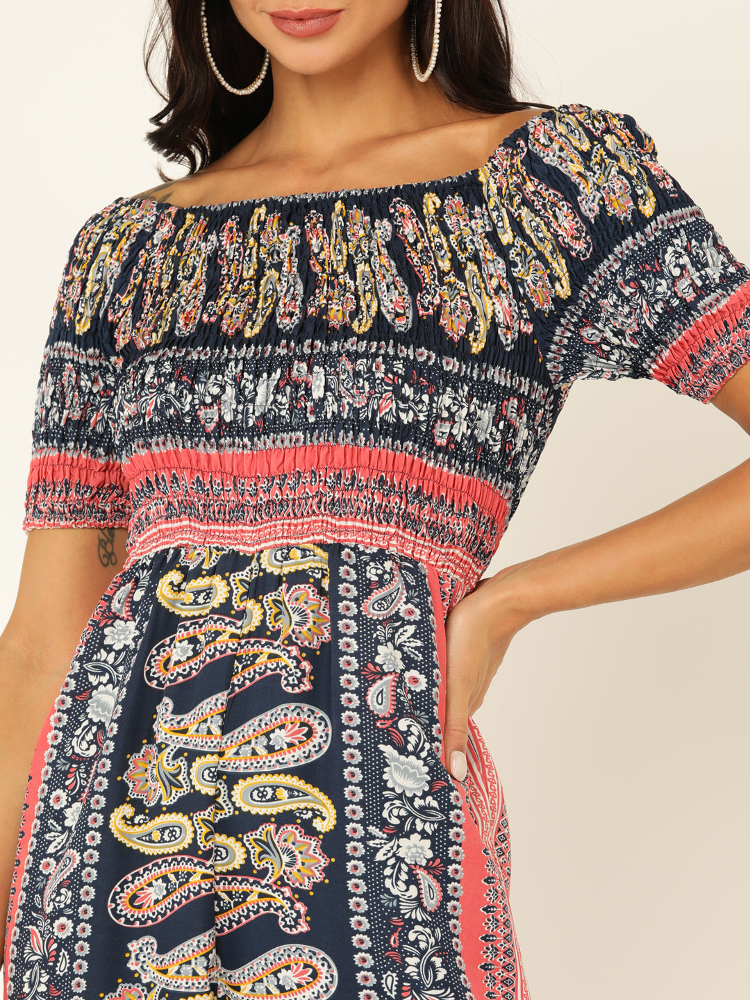 Navy Blue Paisley Print Off-Shoulder Jumpsuit – Boho Style Casual Wear