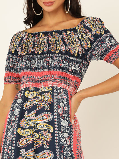 Navy Blue Paisley Print Off-Shoulder Jumpsuit – Boho Style Casual Wear