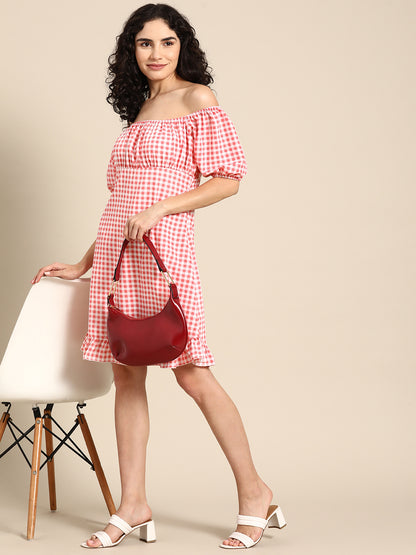 Pink Checks Print Off-Shoulder Dress for Women – Puff Sleeves & Ruffle Hem Summer Outfit