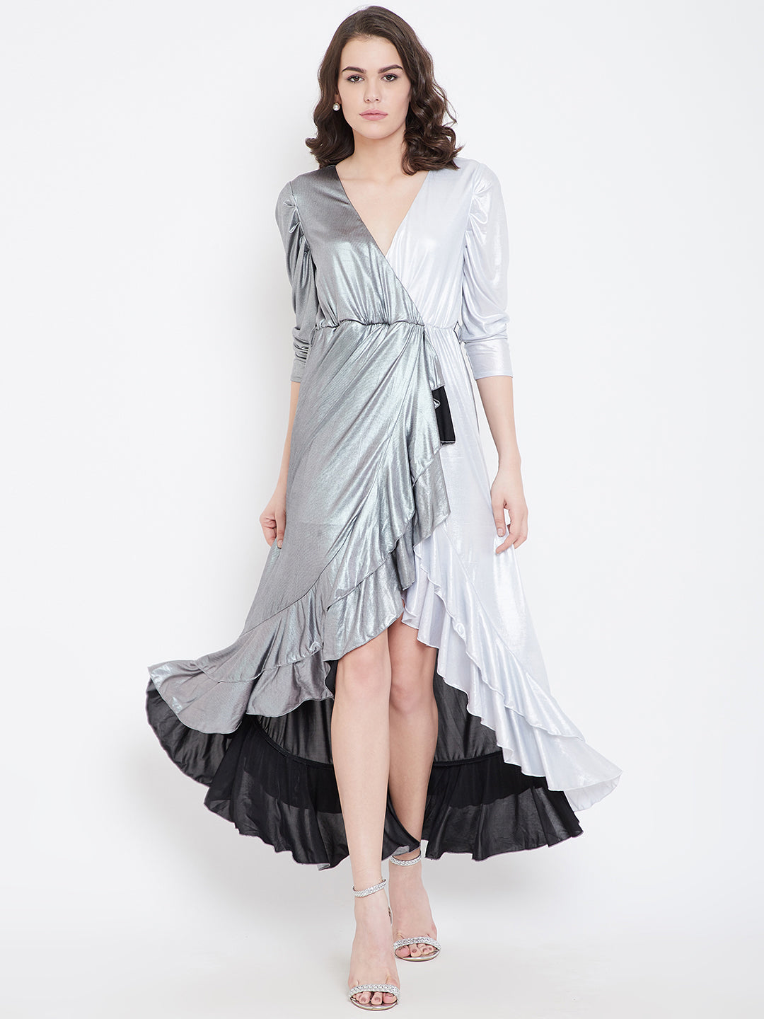Metallic Silver High-Low Ruffle Dress with V-Neck and Full Sleeves