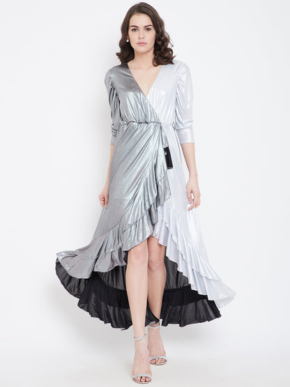 Metallic Silver High-Low Ruffle Dress with V-Neck and Full Sleeves
