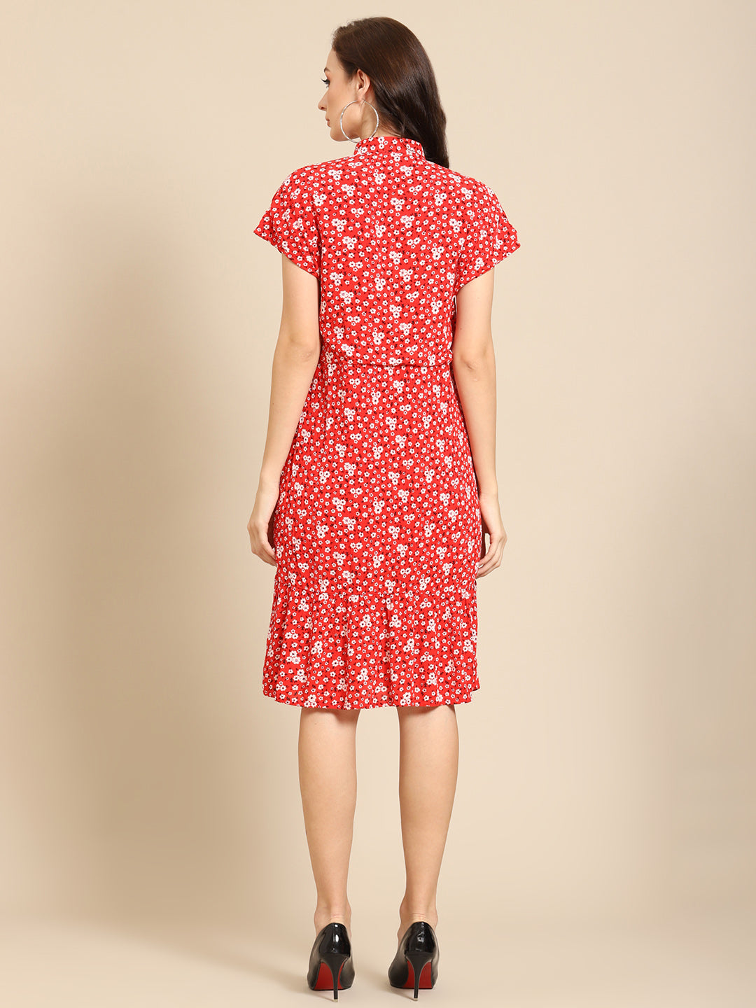 Red Floral Midi Dress for Women – High Neck Short Sleeve Summer Dress with Ruffle Hem