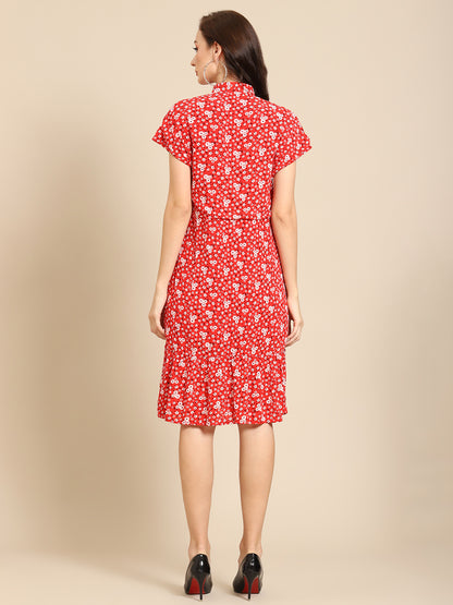Red Floral Midi Dress for Women – High Neck Short Sleeve Summer Dress with Ruffle Hem