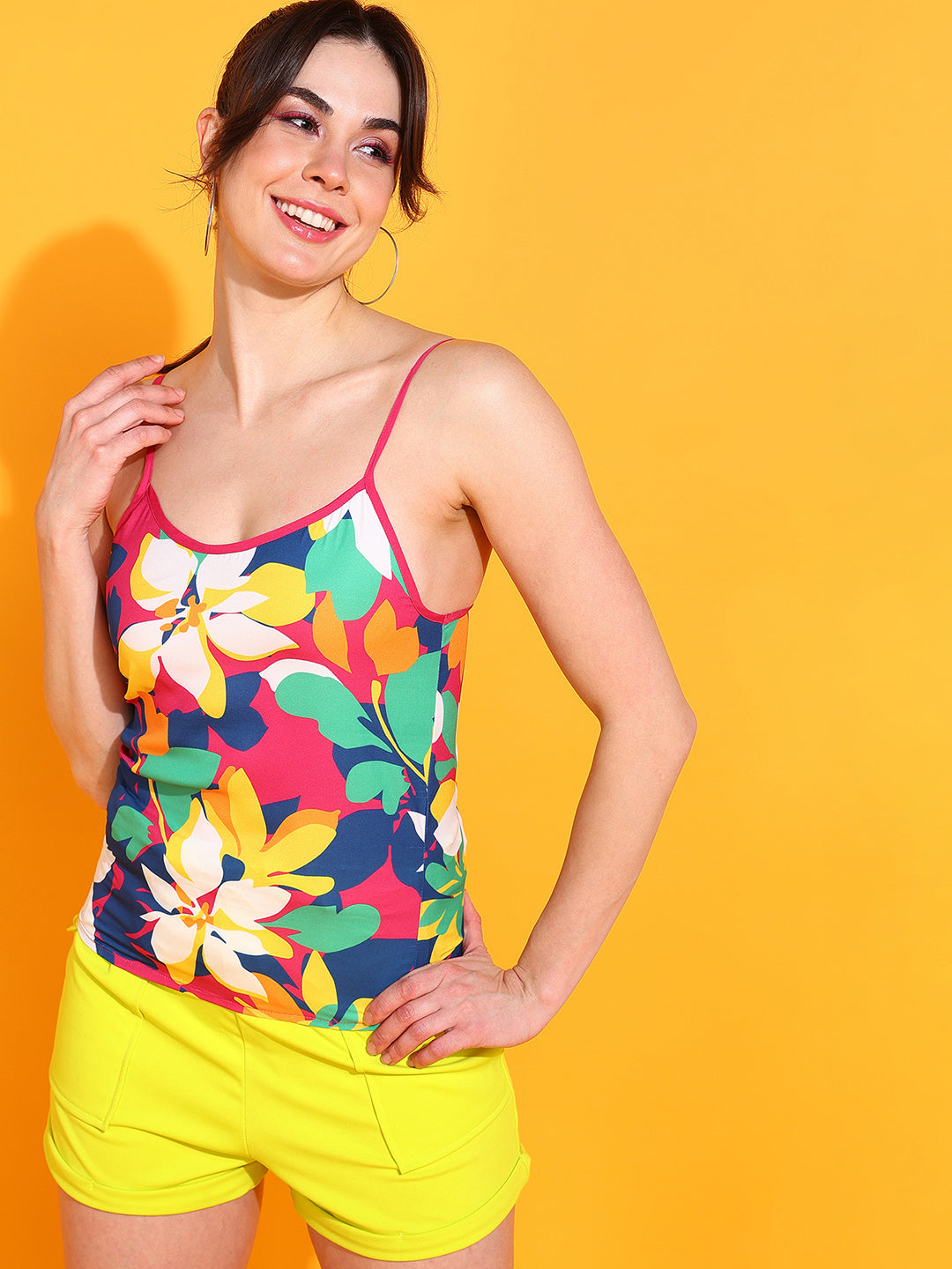 Tropical Bloom Spaghetti Strap Top with Neon High Waist Shorts Summer Co-ord Set